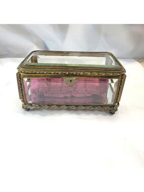 Antique French Ormolu Jewelry Casket/ Brass and glass footed Jewelry Box